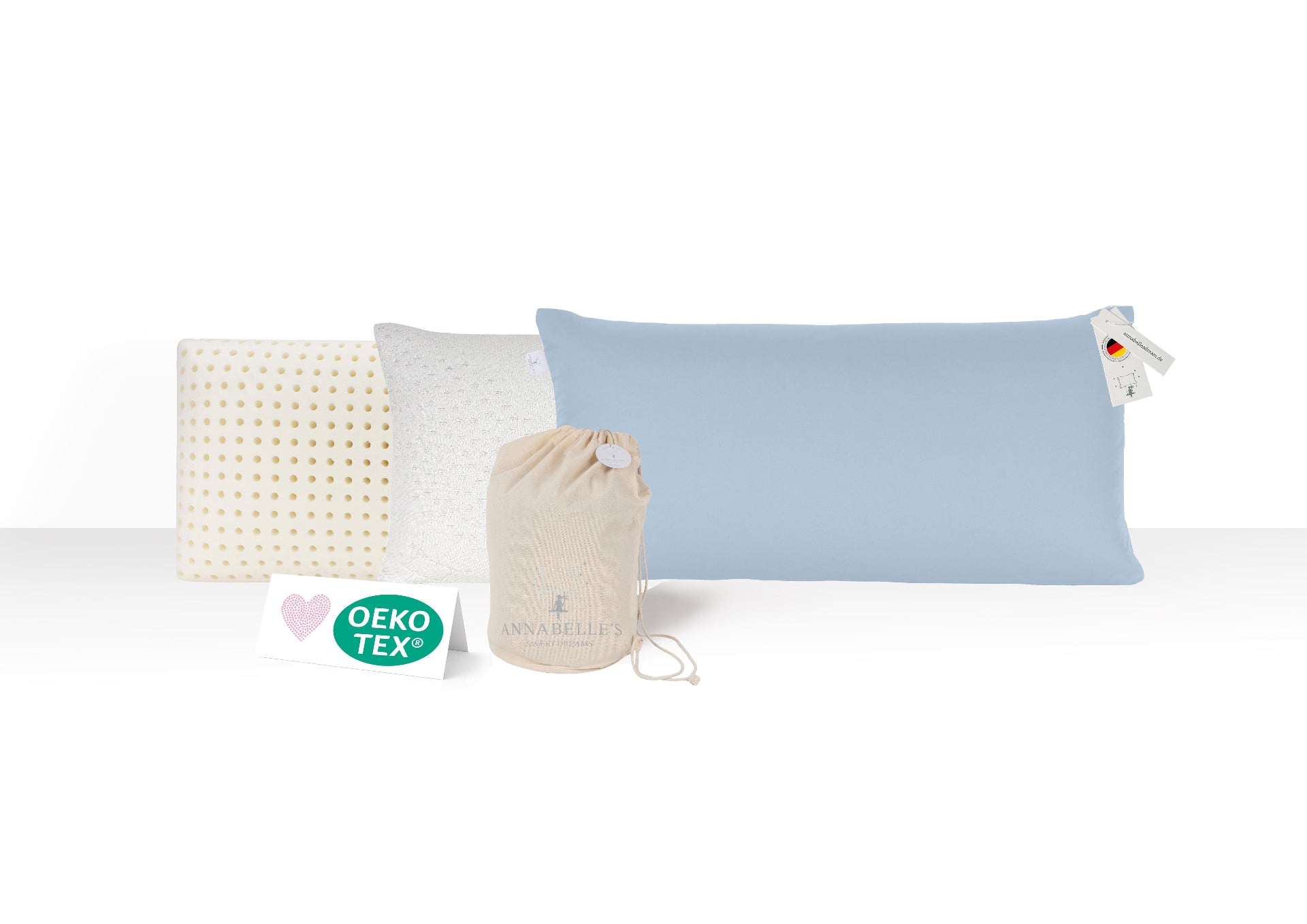 Annabelles Kids Pillow Deluxe – Kinder-Kopfkissen 80x40x10 cm mit Memory Foam, VitaGlow-Bezug, Baumwoll-Schonbezug & Beutel