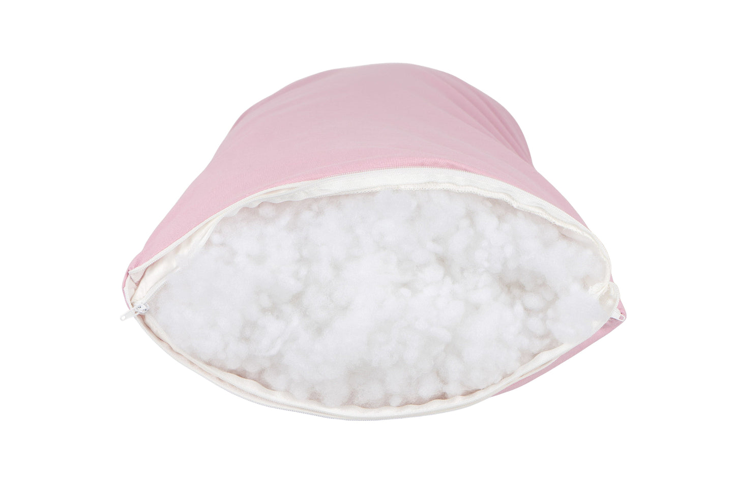 Annabelle’s DreamHug Kissen 140x40 cm in Rosa – Detailansicht der Öffnung mit veganer Daunenfüllung