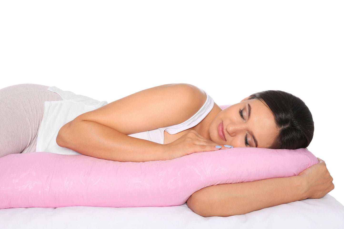 Frau liegt seitlich mit dem Annabelle’s DreamHug Seitenschläferkissen 140x40 cm – ideal für Schwangerschaft, Stillen und Lagerung