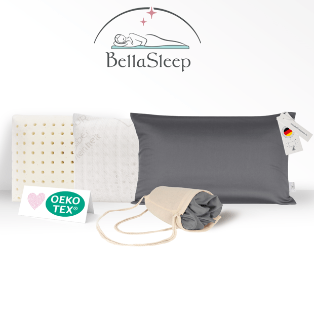 BellaSleep Logo auf dem Reisekissen-Set – hochwertige Schlafprodukte für unterwegs mit Memory Foam und VitaGlow, designed in Bayern