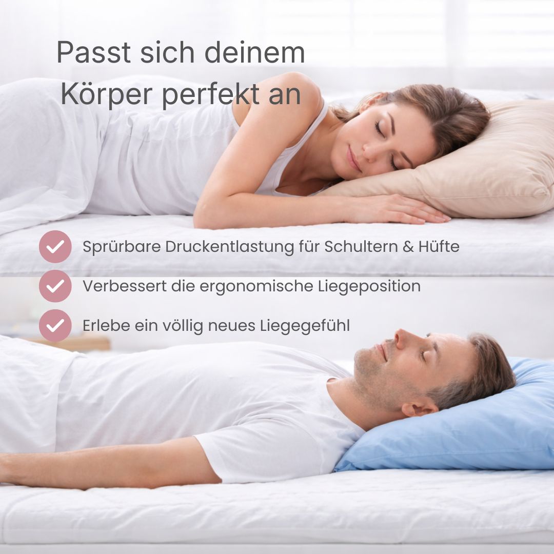 Frau in Seitenlage und Mann in Rückenlage auf einer Matratze, die sich dem Körper anpasst und Druckentlastung für Schultern und Hüfte sowie eine ergonomische Liegeposition unterstützt.