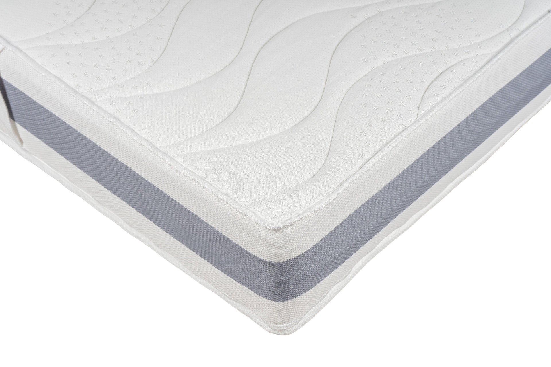 Eckansicht der BellaSleep Matratze Kids 15 cm – mit VitaGlow-Bezug, anthrazitfarbenem Border und atmungsaktivem 3D-Mesh-Gewebe