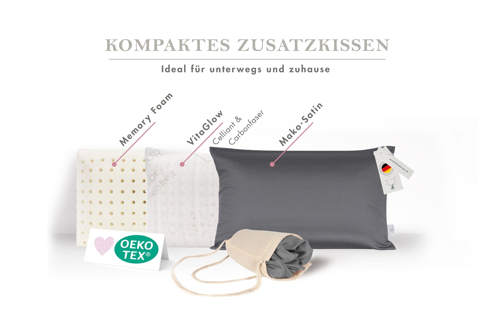 BellaSleep Beautykissen 24x44x11 cm anthrazit mit Memory Foam und VitaGlow Mako-Satin Bezug mit Celliant-Technologie