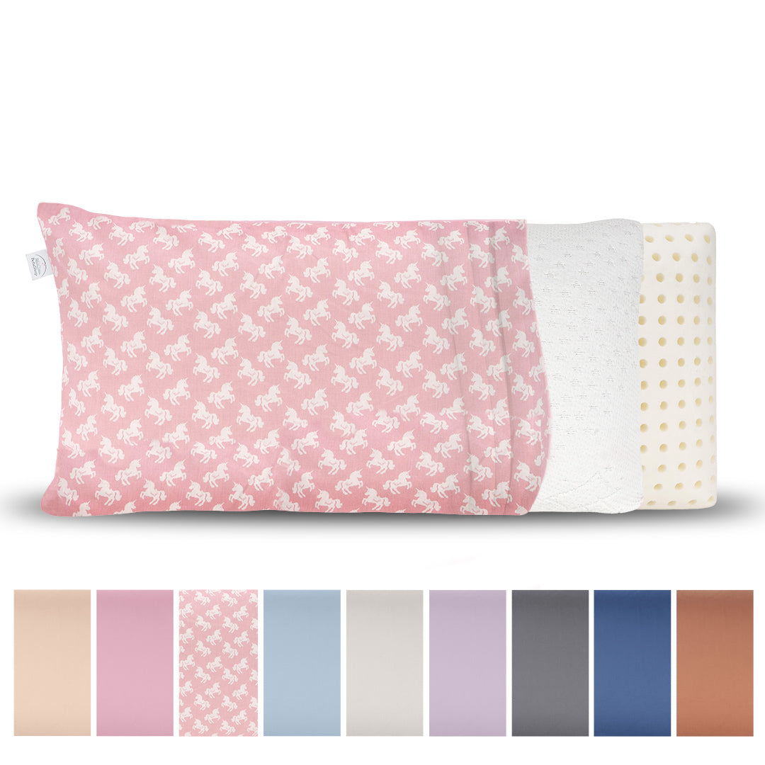 BellaSleep Ersatzbezug Reisekissen 24x44 cm aus 100% Baumwolle (Mako-Satin), atmungsaktiv, haut- und haarfreundlich - Rosa Einhörner