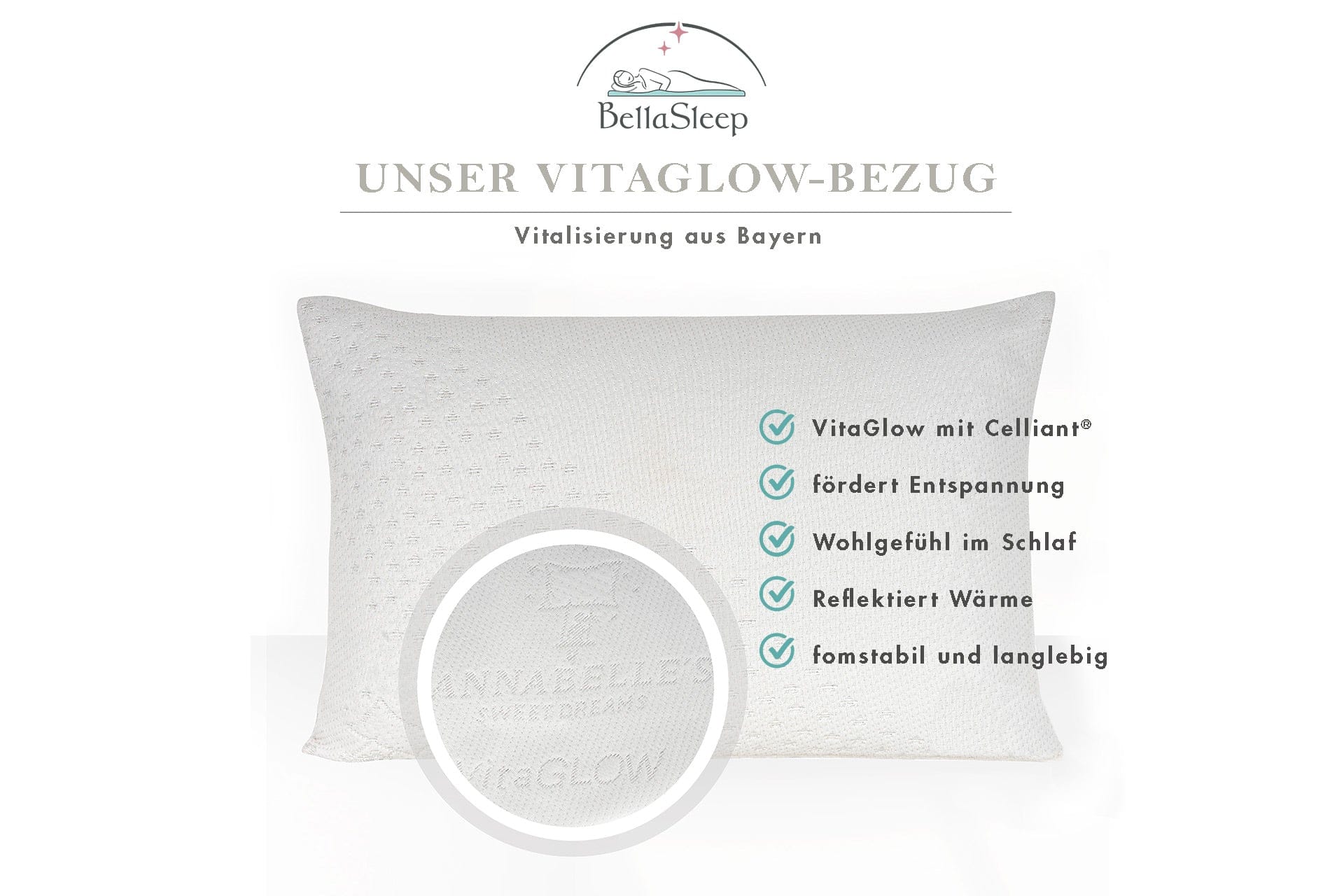 VitaGlow-Kissenbezug mit Celliant® – weißer, formstabiler Premium-Bezug aus Bayern für erholsamen Schlaf. Fördert Entspannung, reflektiert Wärme und sorgt für Wohlgefühl im Schlaf. Ideal für gesundheitsbewusste Schläfer und ganzheitliches Schlafklima.