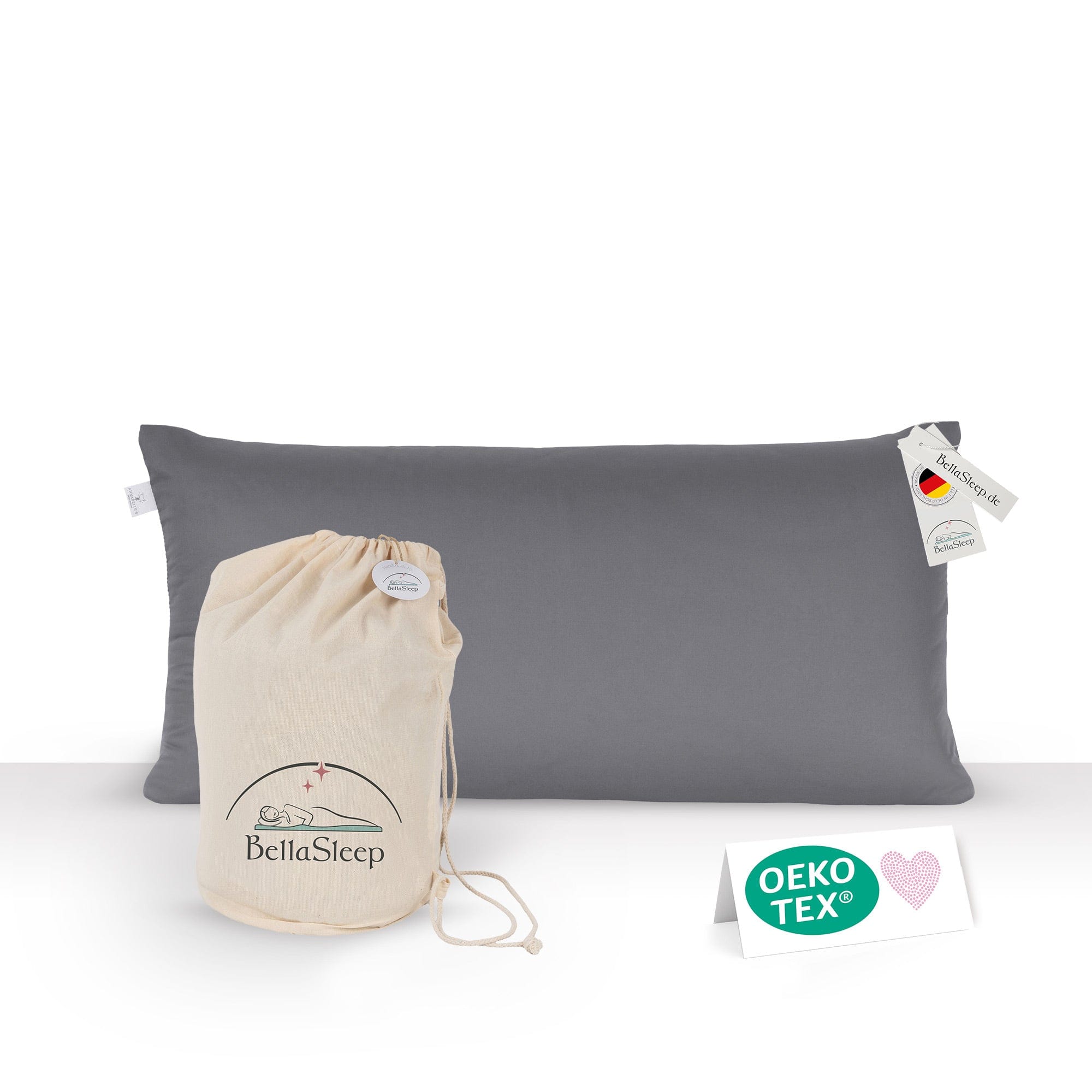 BellaSleep Schlafkissen mit Beutel in Anthrazit und OEKO-Tex Aufsteller. Made in Germany