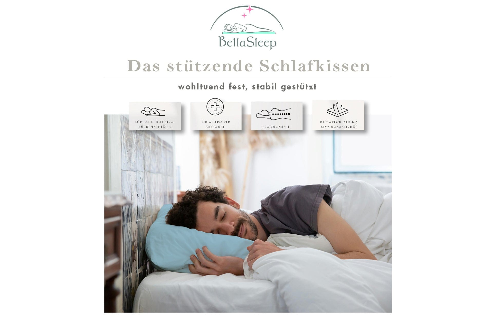 Mann schläft entspannt auf dem ergonomischen BellaSleep Schlafkissen mit stützender Memory Foam-Füllung – geeignet für Seiten- und Rückenschläfer, allergikerfreundlich, atmungsaktiv und handgefertigt in Bayern.