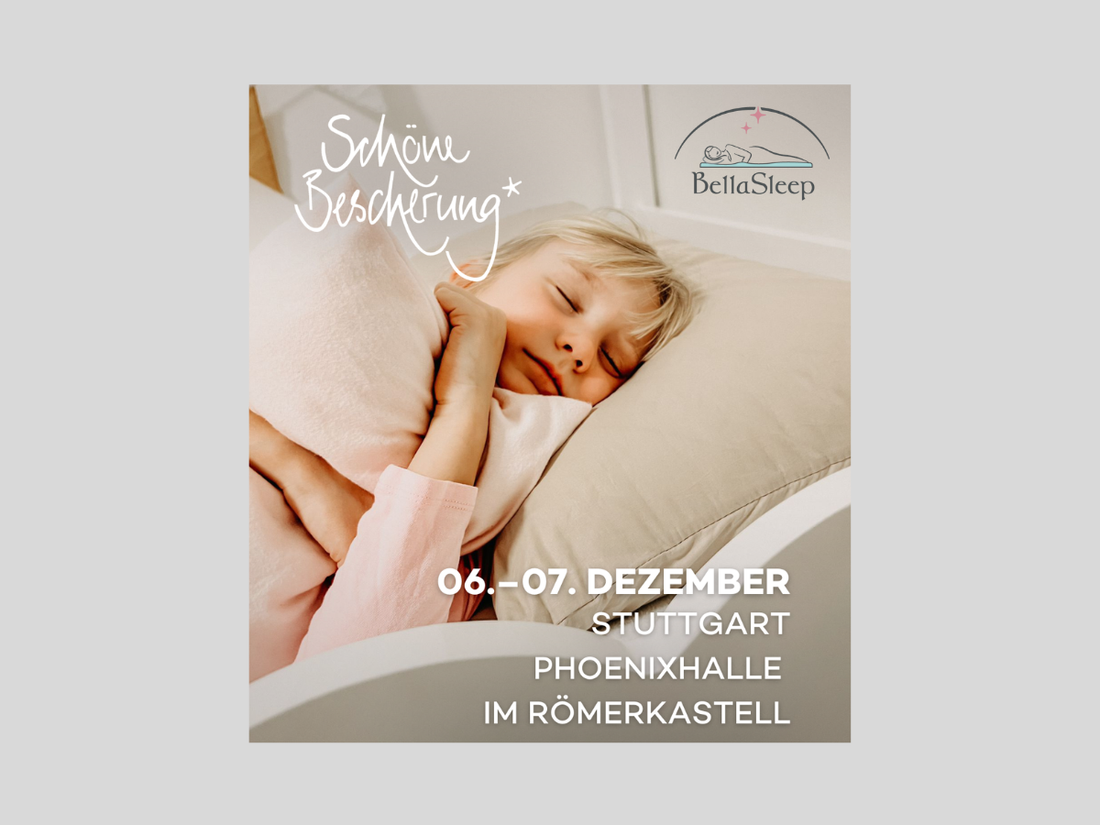 Kind schläft auf hellem Kissen – BellaSleep Ankündigung für Schöne Bescherung am 06.–07. Dezember in der Phoenixhalle im Römerkastell Stuttgart