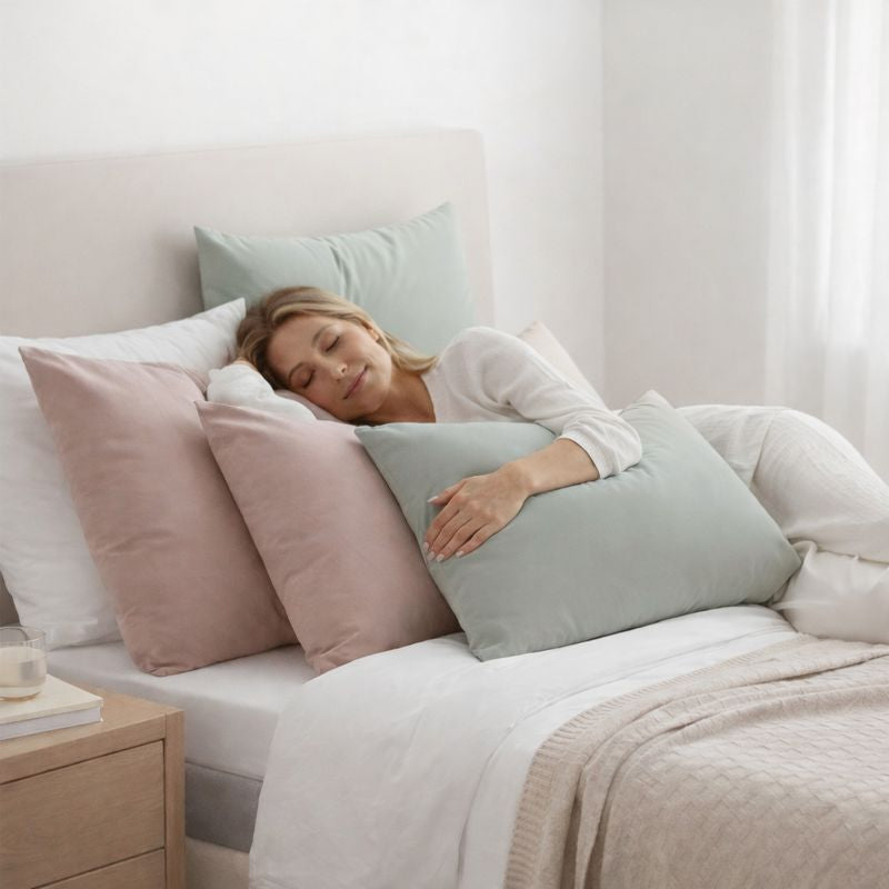 BellaSleep Frau liegt mit unseren Schlafkissen entspannt im Bett und geniesst den Komfort