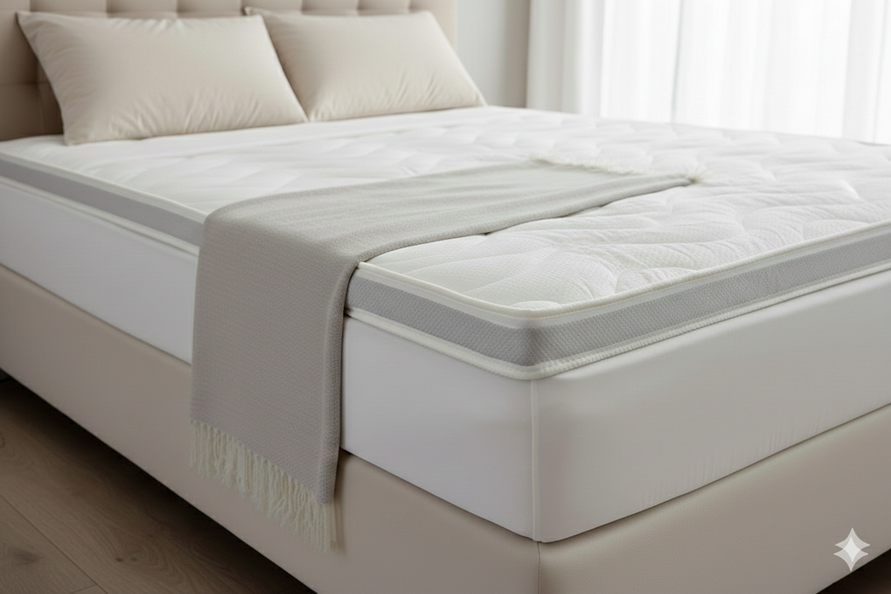 BellaSleep modernes Bett im hellen Zimmer mit unserem BellaSleep Topper und den passen den Schlafkissen.