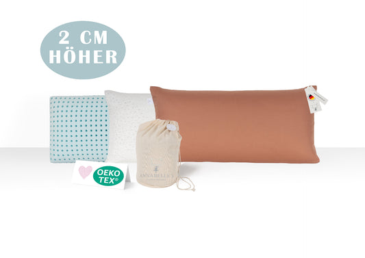 Annabelle’s Deluxe Pillow Medium 80×40×12 cm – ergonomisches Kopfkissen mit 2 cm höherem blauem Memory Foam-Kern und VitaGlow-Bezug