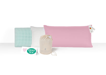 Flaches Kopfkissen 80×40×10 cm mit festem Memory Foam und VitaGlow-Bezug. Festeres Schlafgefühl, ideal für Rückenschläfer. Handgefertigt in Bayern -rosa