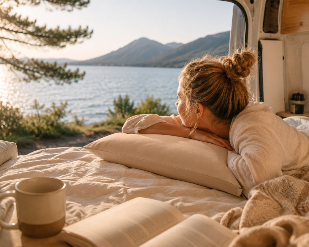 Frau entspannt sich mit BellaSleep Reisekissen im Campervan mit Blick auf See und Berge bei Sonnenuntergang