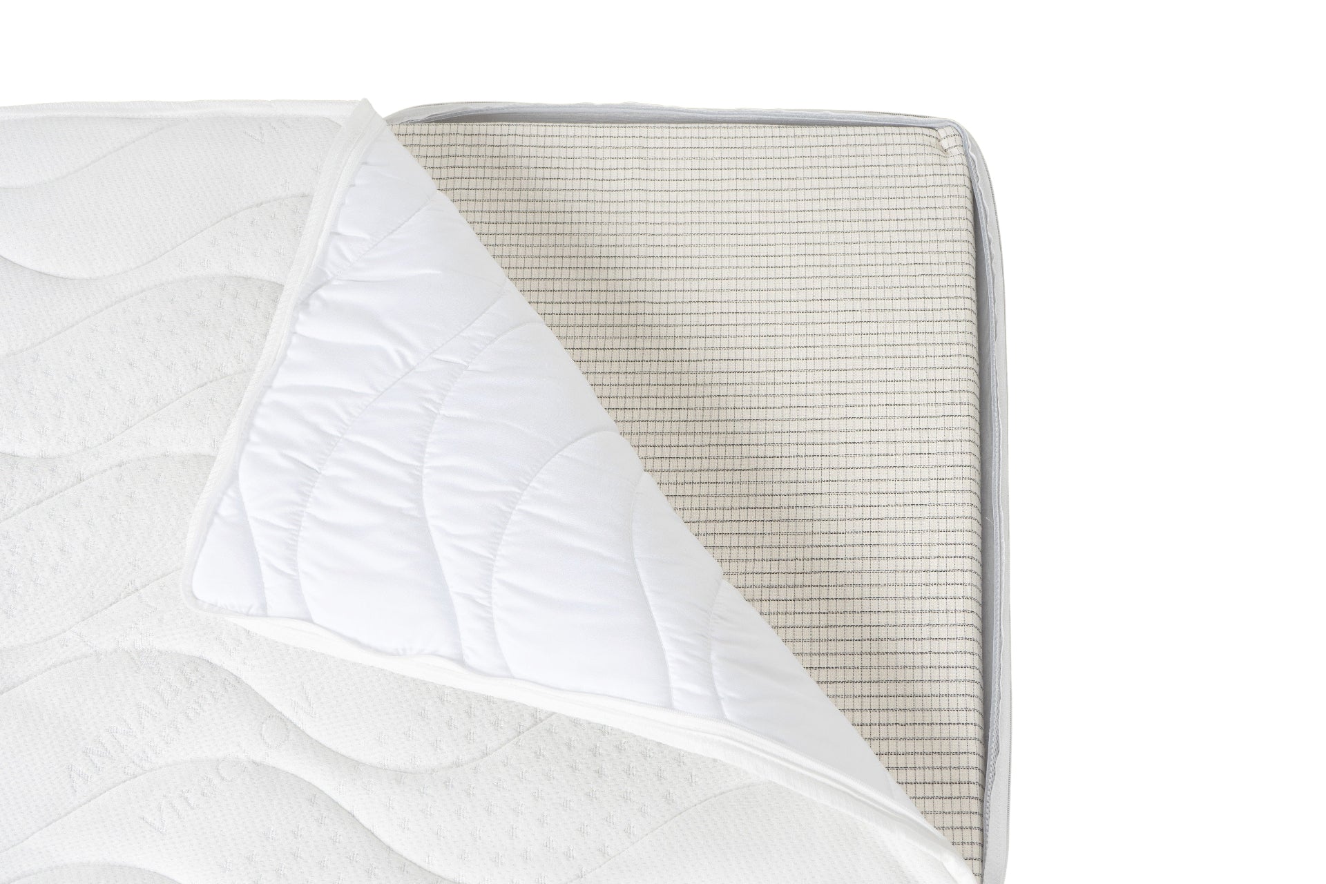 Detailansicht der BellaSleep Basic Matratze – geöffneter VitaGlow-Bezug mit sichtbarer Carbon Z-Ummantelung im Inneren