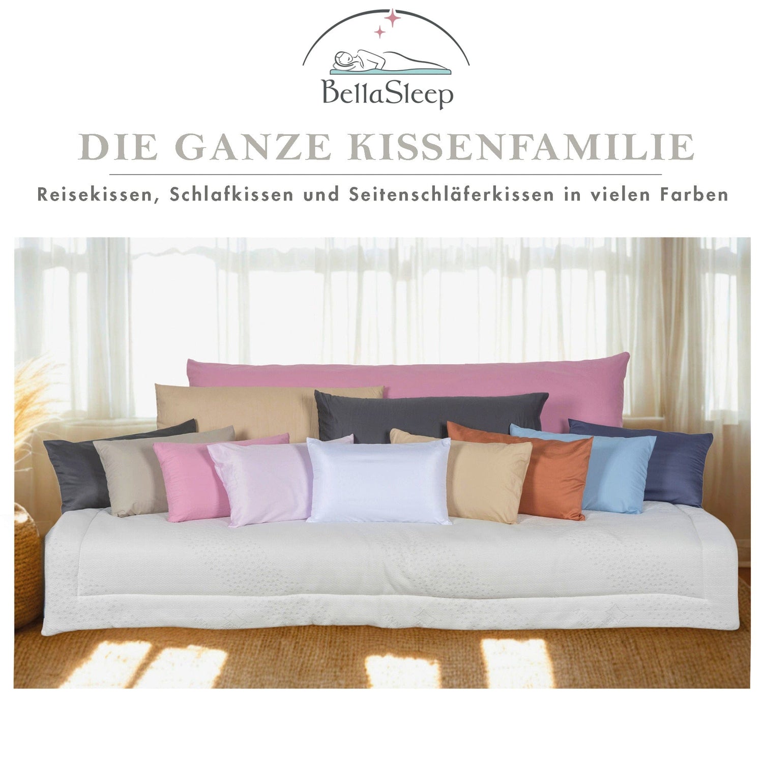 Die ganze BellaSleep Kissenfamilie mir alles Farben und Formen