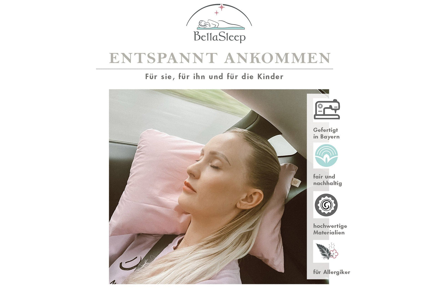 Frau schläft im Auto auf rosa BellaSleep Beautykissen 24x44x11 cm, ergonomisches Reisekissen mit Memory Foam, sanft zu Haut und Haaren