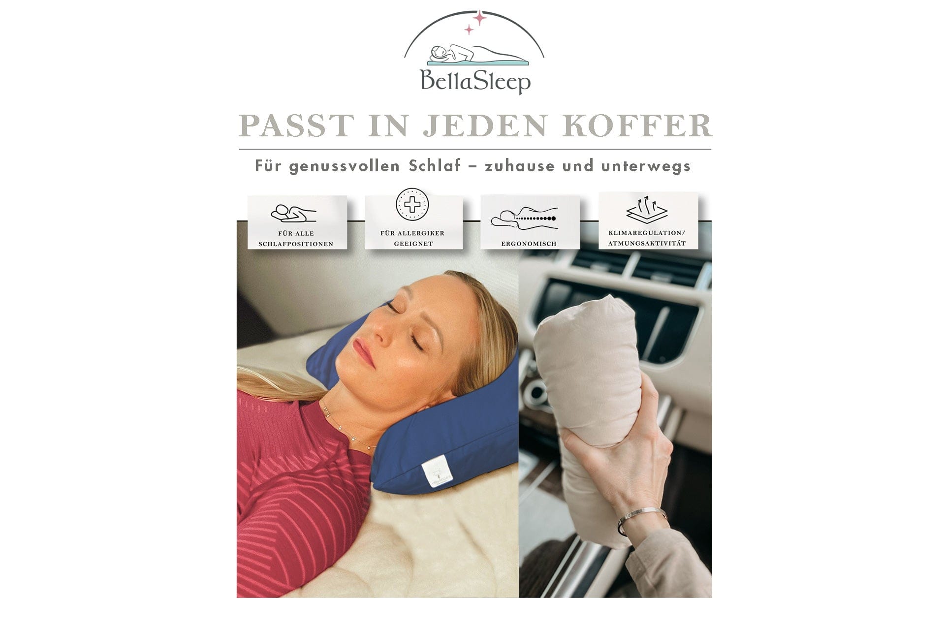 Frau schläft entspannt auf dunkelblauem BellaSleep Beautykissen, ergonomisches Reisekissen mit Memory Foam, atmungsaktiv und ideal für Reisen