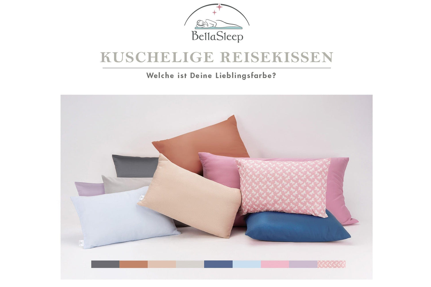 BellaSleep Beautykissen mit VitaGlow Bezug und Mako-Satin Schonbezug in verschiedenen Farben gestapelt