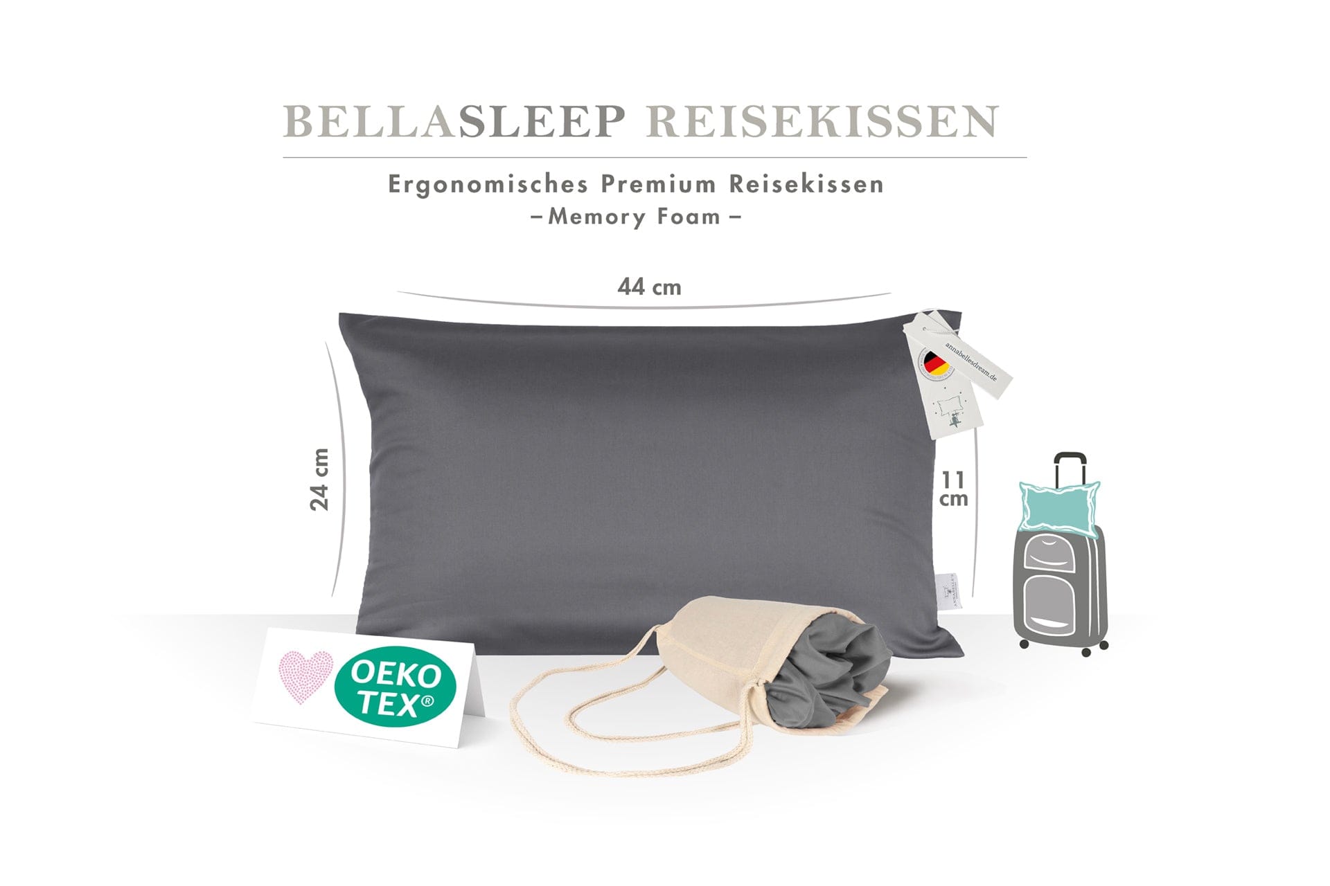 BellaSleep Beautykissen 44x24x11 cm anthrazit mit Memory Foam, veganem Mako-Satin Bezug und Reisebeutel