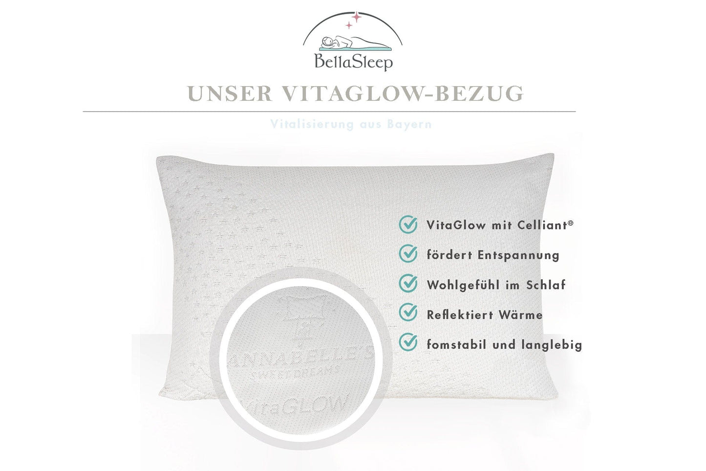 Ergonomisches Kissen mit VitaGlow-Bezug und Celliant® – handgefertigt in Bayern, reflektiert Körperwärme, unterstützt Entspannung und Regeneration, formstabil und langlebig
