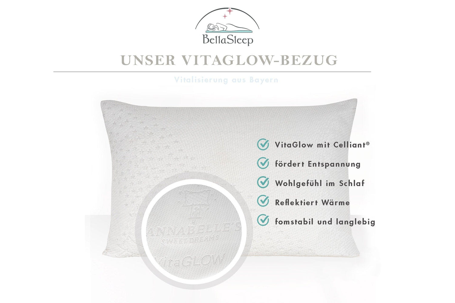 Ergonomisches BellaSleep Kissen mit VitaGlow Celliant Bezug, unterstützt Entspannung, formstabil und handgefertigt in Bayern