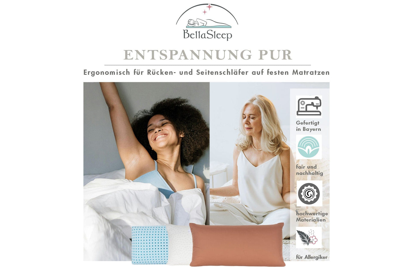 Zwei Frauen entspannen mit dem BellaSleep Schlafkissen – ergonomisch für Rücken- und Seitenschläfer auf festen Matratzen. Premium-Kissen mit Memory Foam, VitaGlow-Bezug und Mako-Satin in Terrakotta. Fair produziert in Bayern, für Allergiker geeignet.