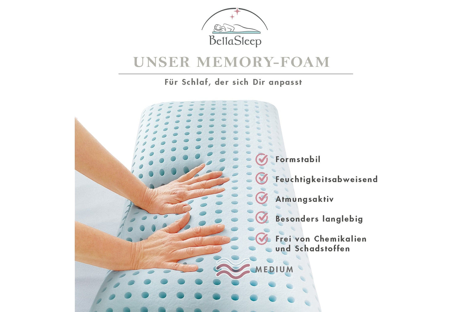 Hochwertiger Memory-Foam mit Medium-Härtegrad – formstabiler, atmungsaktiver und feuchtigkeitsabweisender Schaumstoff für ergonomische Schlafkissen. Hände testen das flexible Material, das frei von Chemikalien und besonders langlebig ist. Ideal für gesunden und anpassungsfähigen Schlafkomfort.