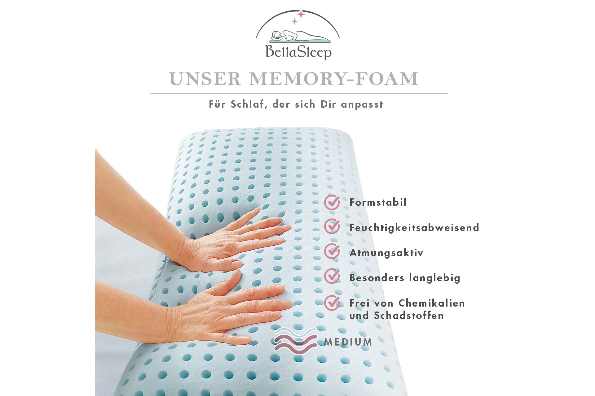 Hochwertiger Memory-Foam mit Medium-Härtegrad – formstabiler, atmungsaktiver und feuchtigkeitsabweisender Schaumstoff für ergonomische Schlafkissen. Hände testen das flexible Material, das frei von Chemikalien und besonders langlebig ist. Ideal für gesunden und anpassungsfähigen Schlafkomfort.