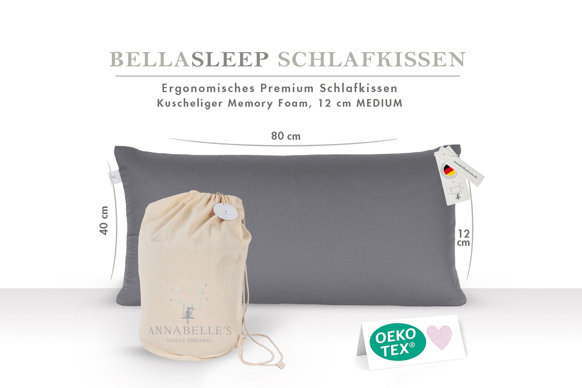 BellaSleep Schlafkissen 80×40×12 cm in Anthrazit – ergonomisches Premiumkissen mit kuscheligem Memory Foam (Härtegrad Medium), inklusive Reisebeutel aus Baumwolle und OEKO-TEX® Zertifizierung, gefertigt in Deutschland.