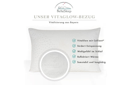 VitaGlow-Kissenbezug mit Celliant® – weißer, formstabiler Premium-Bezug aus Bayern für erholsamen Schlaf. Fördert Entspannung, reflektiert Wärme und sorgt für Wohlgefühl im Schlaf. Ideal für gesundheitsbewusste Schläfer und ganzheitliches Schlafklima.