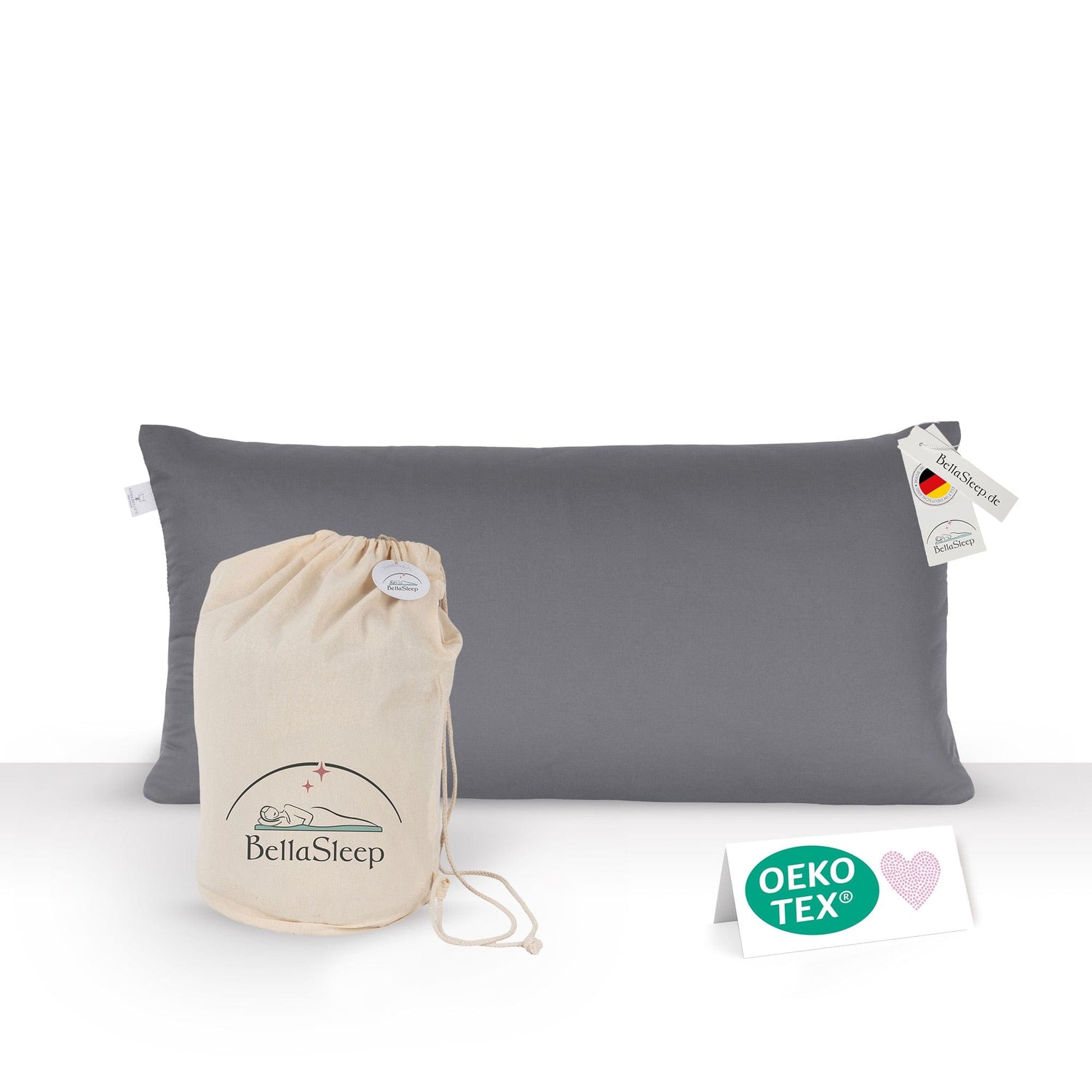 BellaSleep Schlafkissen mit Beutel in Anthrazit und OEKO-Tex Aufsteller. Made in Germany