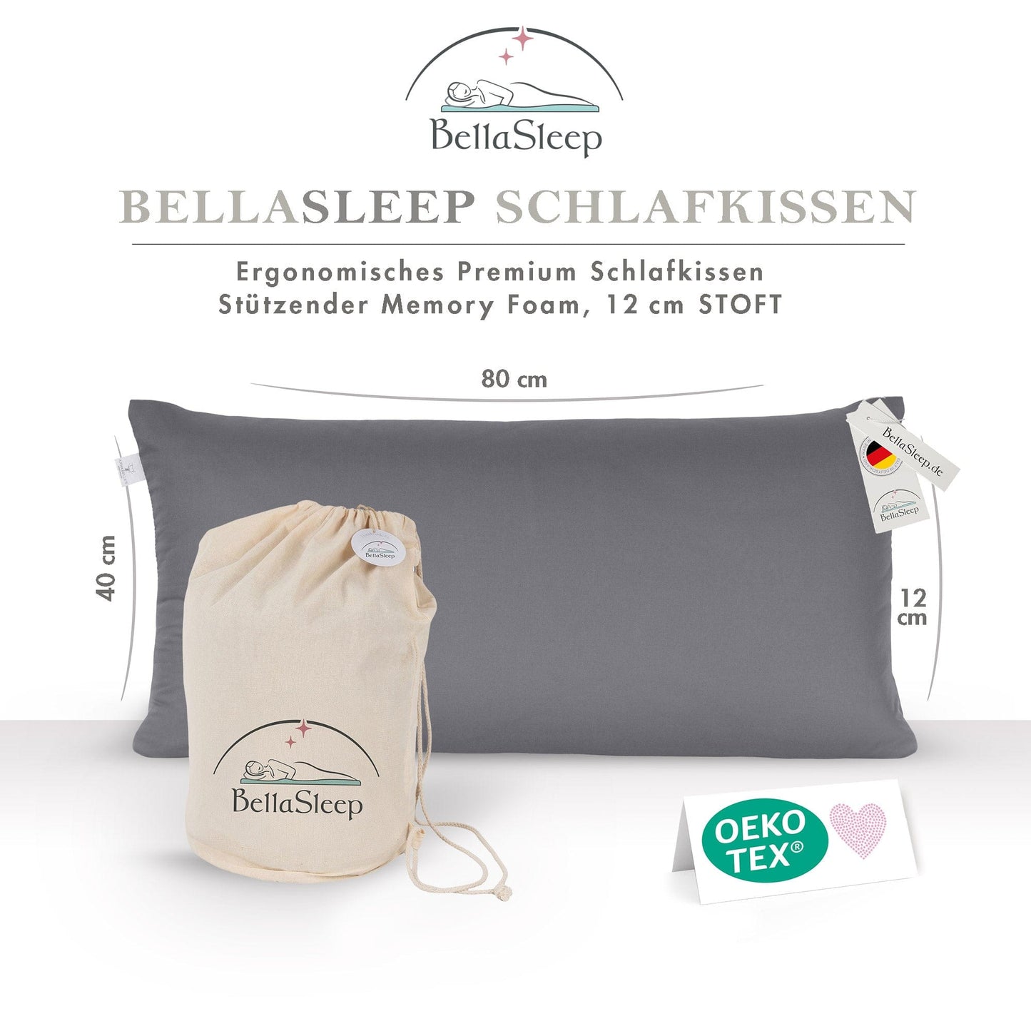 BellaSleep Schlafkissen 80x40x12 Soft in Anthrazit