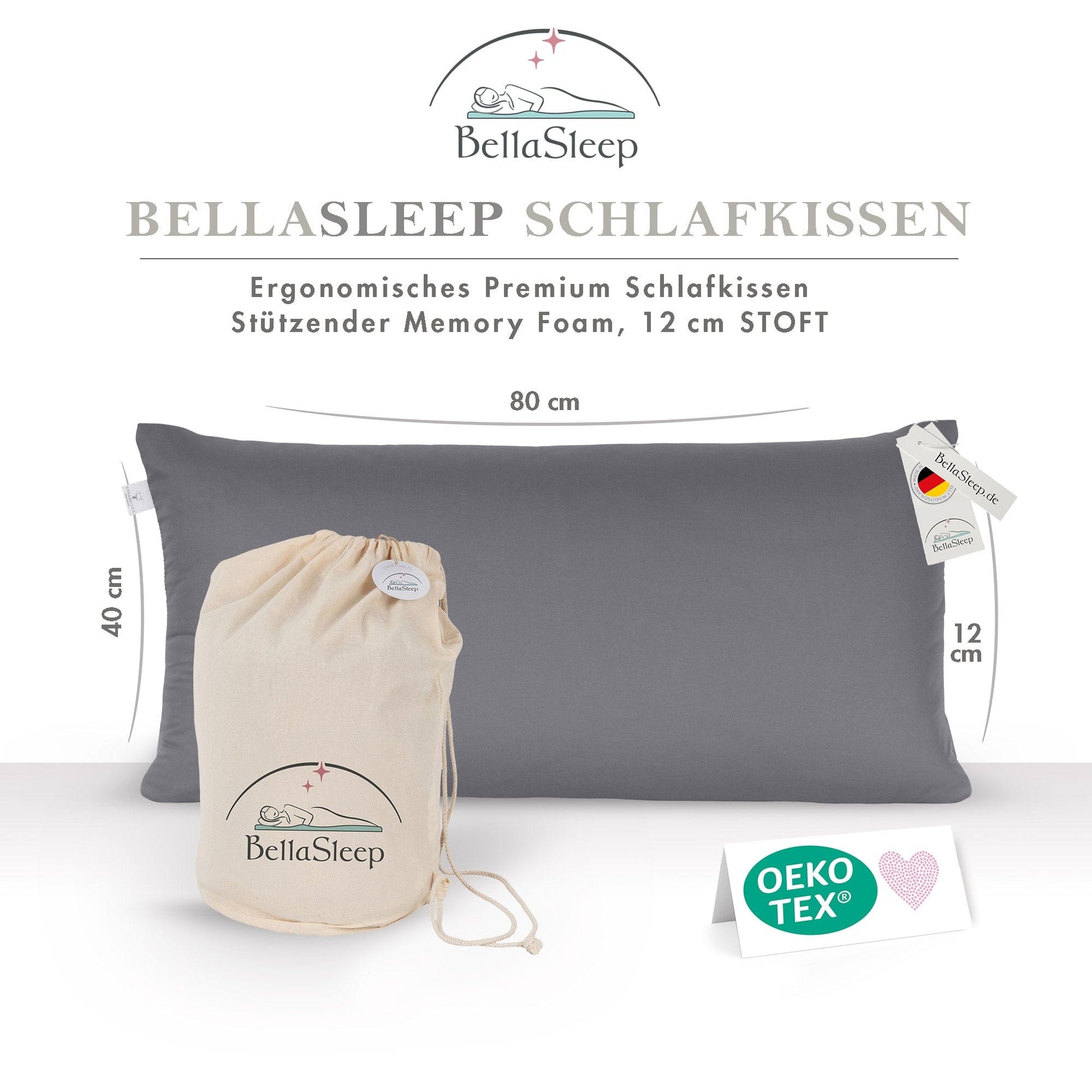 BellaSleep Schlafkissen 80x40x12 Soft in Anthrazit