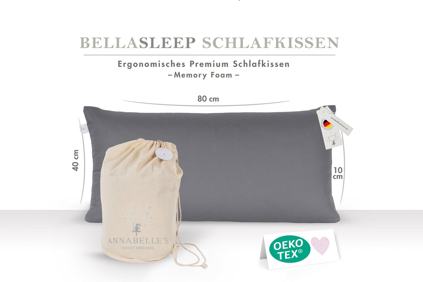BellaSleep Deluxe Pillow Soft 80×40×12 cm – Hohes, weiches Memory Foam-Kissen für sanftes Einsinken und regenerierenden Schlaf in Bayern gefertigt