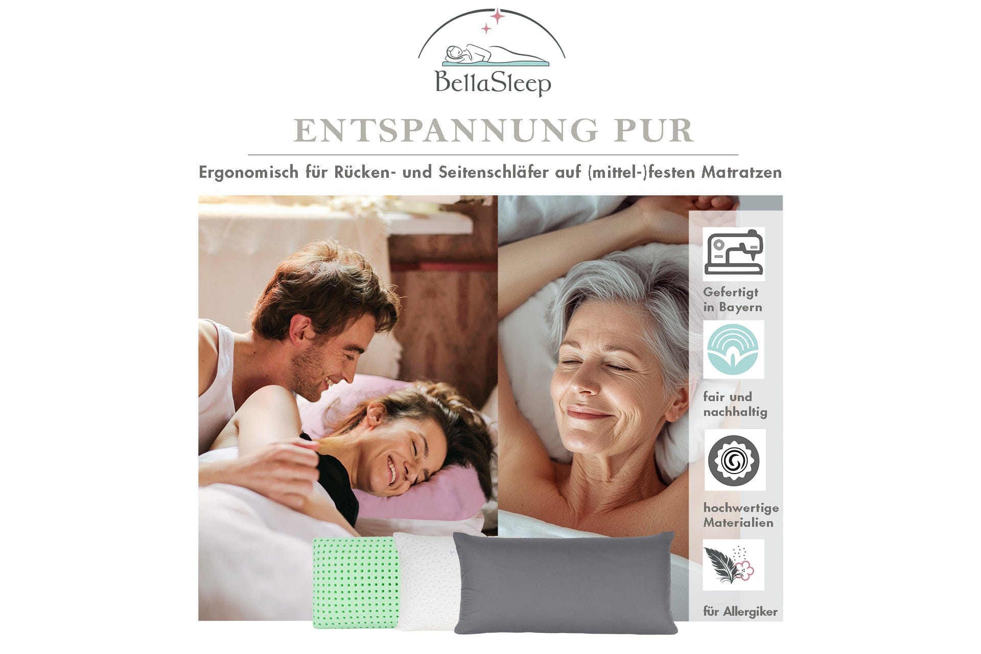Junges Paar schläft entspannt mit BellaSleep Kissen auf der linken Seite, rechts ältere Frau in den Wechseljahren mit ergonomischem Schlafkissen – für erholsamen Schlaf, hormonelle Balance und Regeneration in jedem Alter.