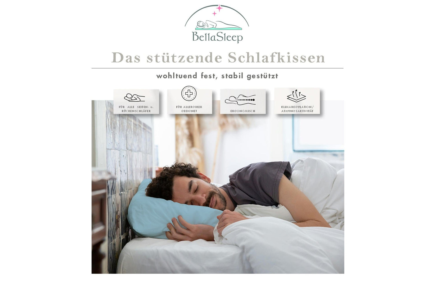 Mann schläft entspannt auf dem ergonomischen BellaSleep Schlafkissen mit stützender Memory Foam-Füllung – geeignet für Seiten- und Rückenschläfer, allergikerfreundlich, atmungsaktiv und handgefertigt in Bayern.