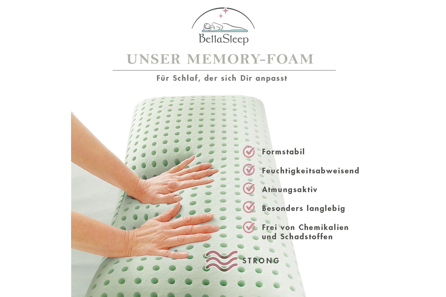 Hände drücken auf grünen BellaSleep Memory Foam mit Belüftungslöchern – formstabil, atmungsaktiv, feuchtigkeitsabweisend und frei von Schadstoffen – Härtegrad STRONG.