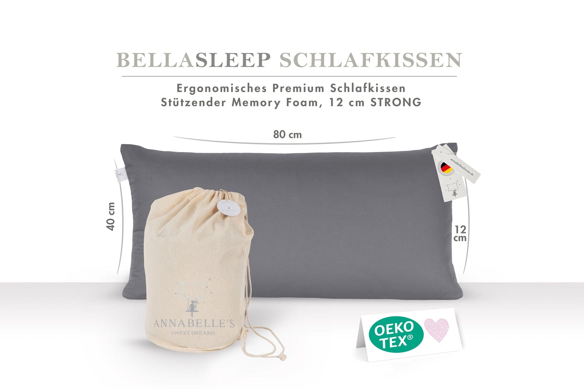 BellaSleep Schlafkissen 80×40×12 cm in Anthrazit – ergonomisches Premiumkissen mit festem Memory Foam, inklusive Beutel & OEKO-TEX-Zertifizierung, handgefertigt in Deutschland.