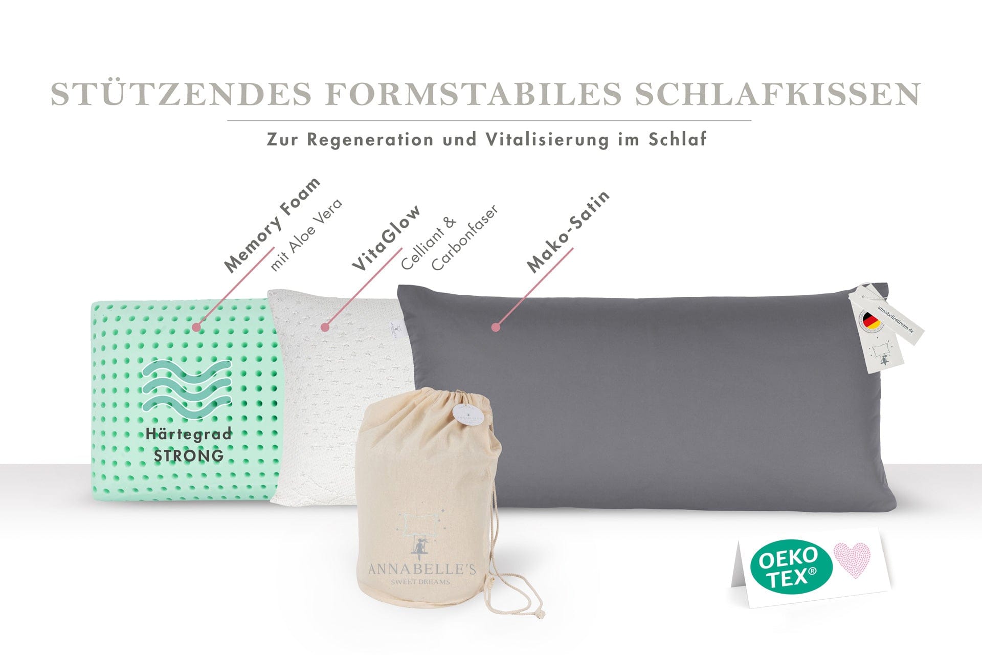 BellaSleep ergonomisches Schlafkissen mit festem Memory Foam (mit Aloe Vera), VitaGlow Bezug mit Celliant® & Carbonfasern sowie veganem Mako-Satin – stützendes Kissen für gesunden Schlaf, handgefertigt in Bayern.